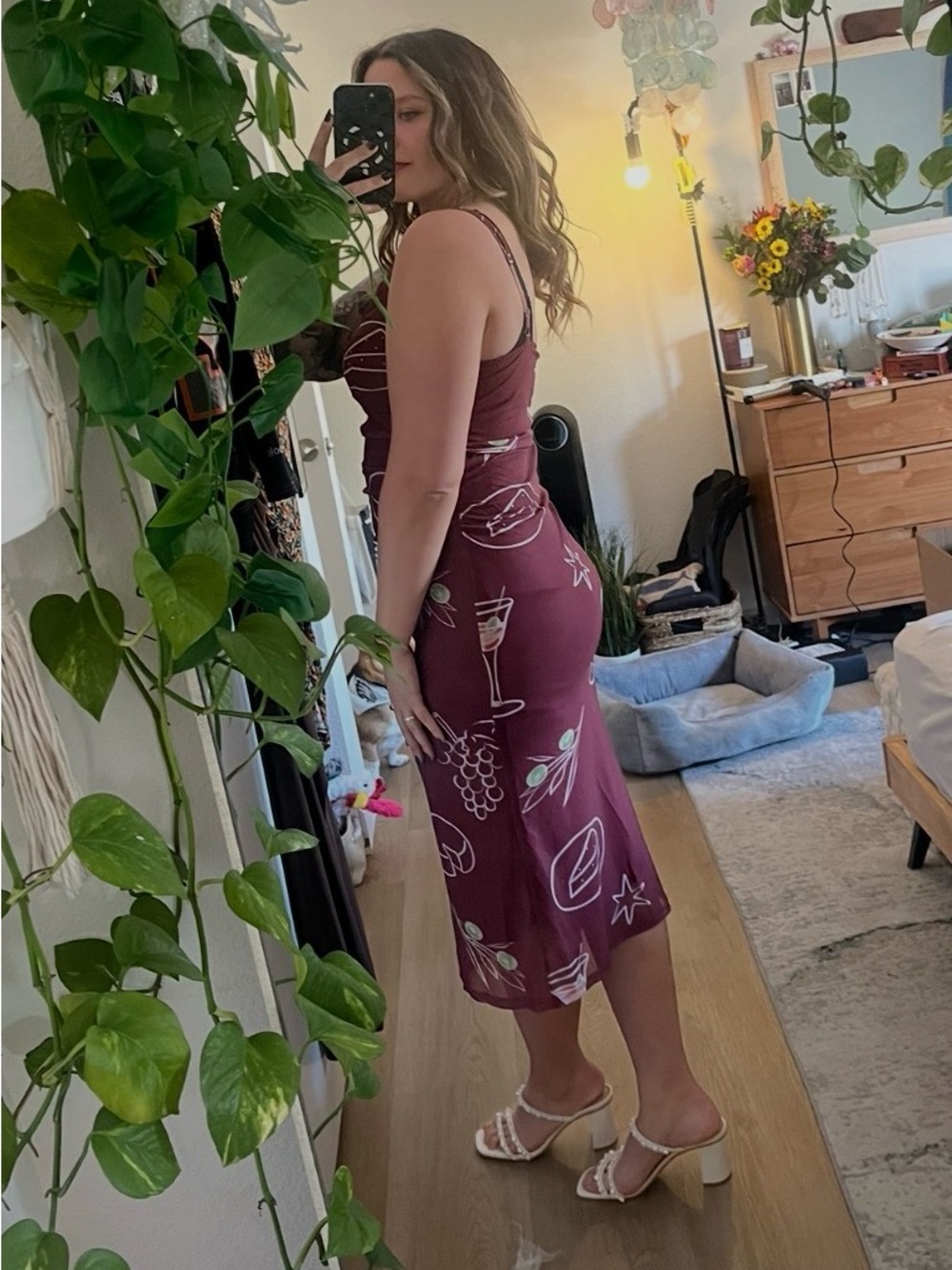 Cocktail Hour Wine Ruched Mesh Midi Dress – Size L